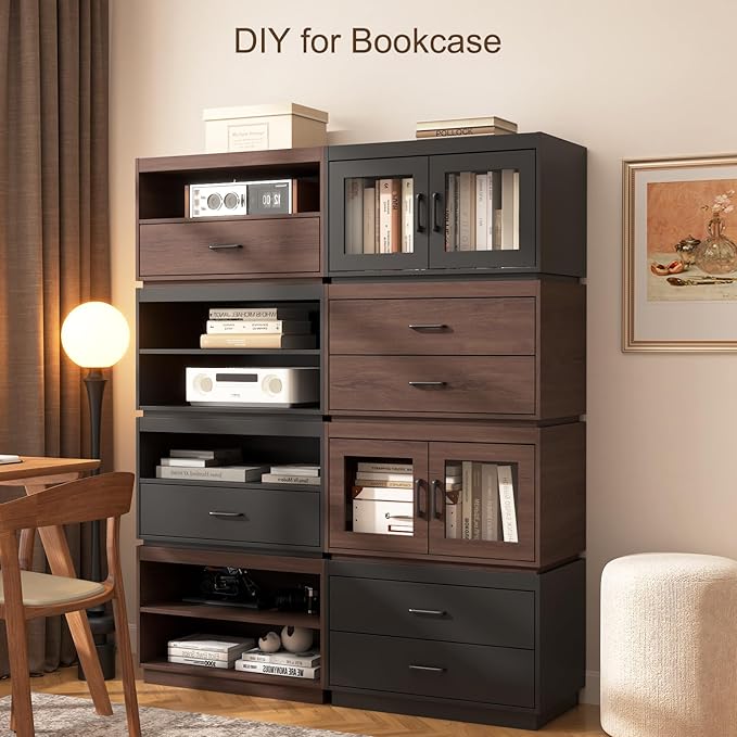 Stackable Storage Drawers,28" Wide Storage Bins w/ Drawers and Compartment for Closet Organizers, Wood Stackable Closet Organizer Modern Large Stackable Storages Units for Living Room Hallway, Brown