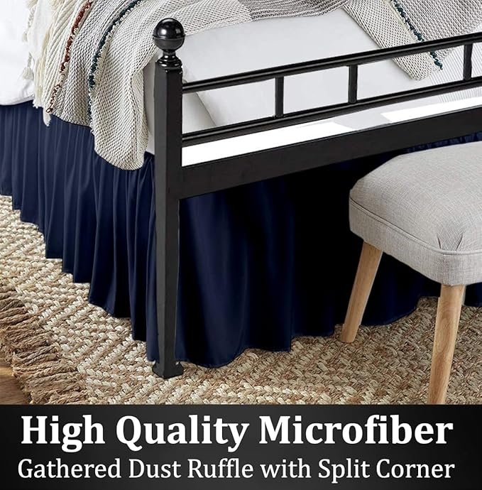 Ruffled Bed Skirt with Split Corners, Navy Blue, Queen 16 Inch Drop Bedskirt, Hotel Quality Brushed Microfiber Wrinkle Free Dust Ruffle Bed Skirt Queen Size