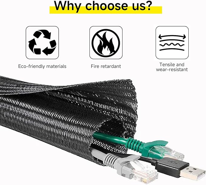 GBSCLOVER Wire Cord Protector Wire Loom Tubing, 25ft-3/8 inch Cable Sleeve Split Sleeving for USB Cable，Computer Electrical Wire Power Cord Audio Video Cable Black