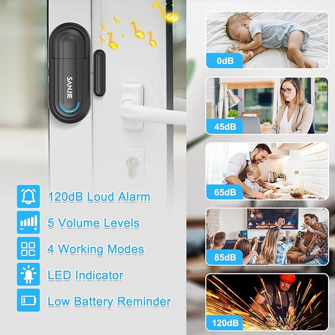 Pool Door Alarms for Home Security Loud, 0-120 Db Volume Ajustable with 4 Modes, Wireless Door Alarm with Remote for Kids Safety/Dementia Patients/Home/Pool (2 Sensor & 1 Remote)