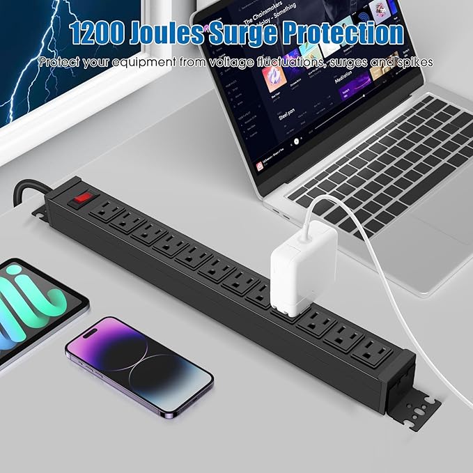 HHSOET 2 Pack Rotating Mountable Power Strip, 12 Outlet Wall Mount Surge Protector, Metal Heavy Duty and Versatile Outlet Strip, Stylish Appearance, Sturdy and Durable, 6ft Power Cord.(Black)