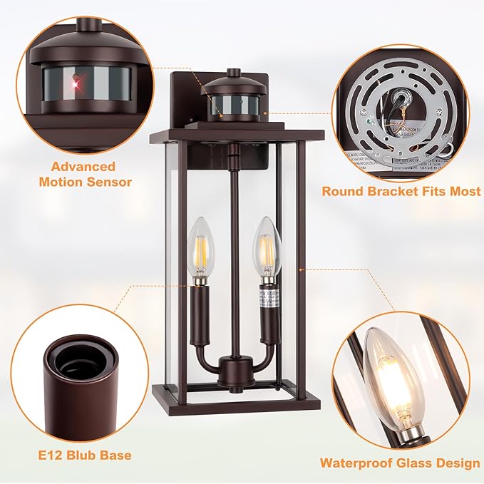 SIAFAVOI Motion Sensor Outdoor Wall Lights, 16" Waterproof Large Exterior Sconce, Compatible with E12 Base Bulbs, Modern Porch Entryway Lamp for Patio, Front Door Garage (Oil Rubbed Bronze, 2 Pack)