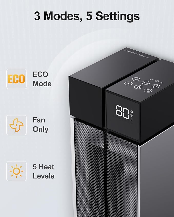 ComDomus Electric Heaters for Indoor Use, 25” Space Heater Large Room with 120° Oscillation, 3 Heat Levels, 3 Modes, Multiple Safety Protections, 12H Timer, Silver Ceramic Tower Heater for Bedroom