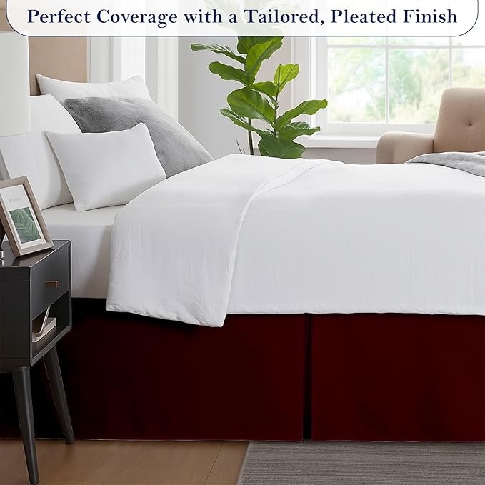 Queen Bed Skirt, Luxury 14 Inch Drop Burgundy Pleated Bed Skirt, Double Brushed Microfiber, Box Pleat Design, Wrinkle & Fade Resistant, Easy Fit Tailored Bedskirt for Queen Size Beds