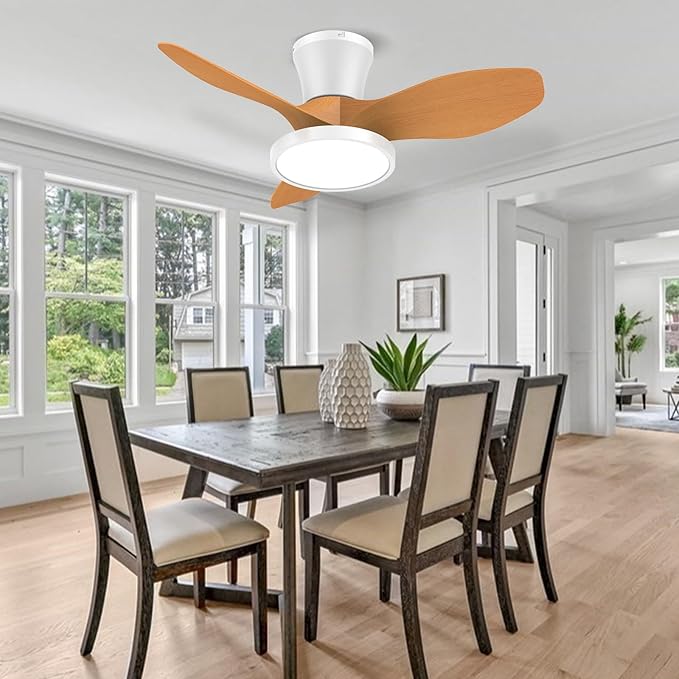 ocioc Quiet Ceiling Fan with LED Light DC motor 32 inch Large Air Volume Remote Control Oak for Kitchen Bedroom Dining room Patio