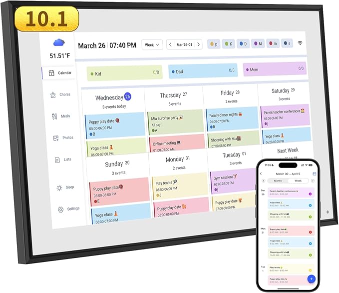 10.1 Inch Smart Digital Calendar & Chore Chart Full HD Touchscreen Display WiFi Sync Electronic Planner for Family Schedules Includes Desk Stand Streamline Home Organization Gift for mother mom women