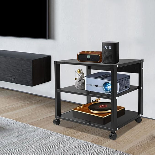 3-Tier AV Media Stand Rack, Black Rolling Stereo Audio Rack Stand with Wheels, Mobile & Space-Saving Design, Perfect for Speakers, DVD Players, Amplifiers (19.7 * 15.7 * 19.1in)