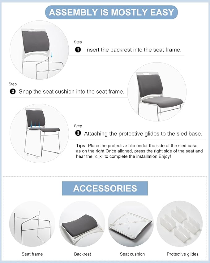 4 Pack Stacking Chairs 1102LB Capacity Home Office Guest Chair Set With Sled Base, Modern Reception Chair for Kitchen, Waiting Room, Multi-Purpose, Break Room, Training, Cafeteria, Gray Color