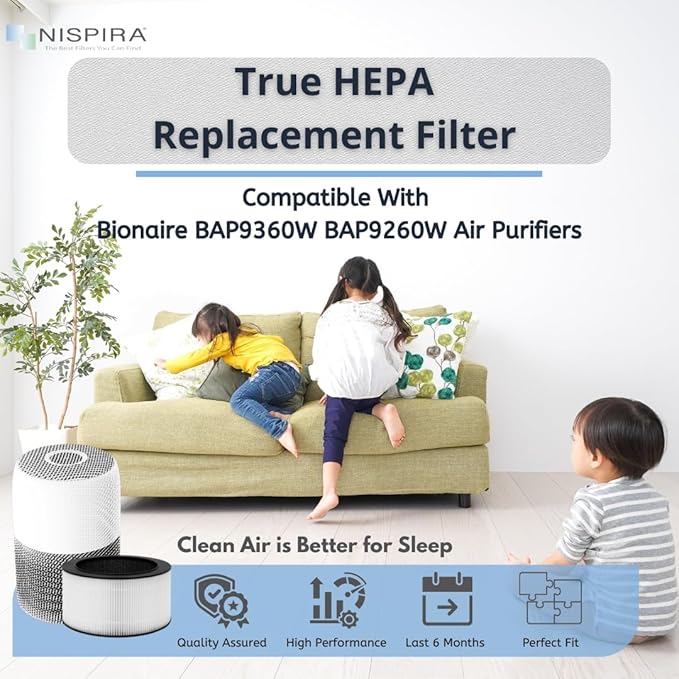 Nispira BAPF160 Replacement Filter K for Bionaire Air Purifier BAP9360W BAP9260W 3-in-1 True HEPA Activated Carbon, 3 Packs