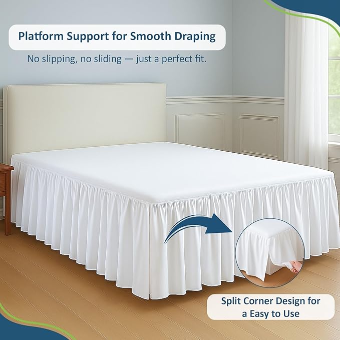 Rajlinen Ruffled Bed Skirt Full, 10 Inch Drop Dust Ruffle with Split Corners, 100% Microfiber Bedskirt with Platform, Three-Sided Coverage Ruffled Gathering Design, White