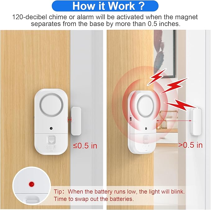 ANKOSHUN Door Window Alarm Sensors - Door Alarms for Kids Safety, Door Alarms for Home Security, for Home, Office, Store, Garage, Dorm Room, Apartment, RV, White, 6 Pack