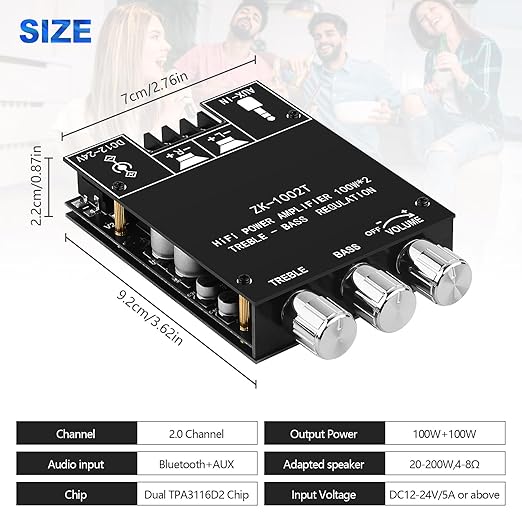 ZK 1002T Bluetooth 5.0 Amplifier Board, 2x100 Watt amp with TPA3116D2 Chip, Stereo Amplifier 2.0 Channel with Treble and Bass Control BT and AUX Inputs for DIY Speaker Kit
