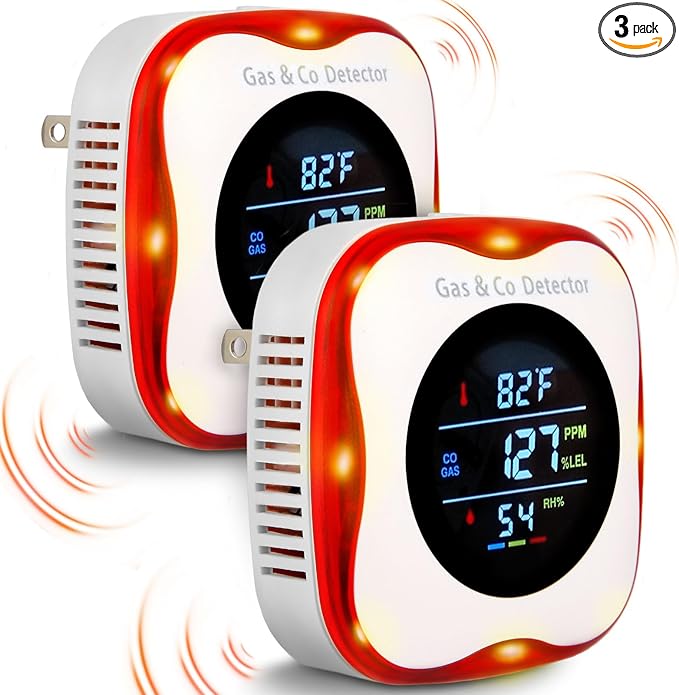 Combustible Gas & Carbon Monoxide Detector 4-in-1 Alarm with Temp/Humidity Sensor – Plug-in CO/Gas Leak Detector for Home, RV, Apartment Safety (Explosive Gas & CO Detection) (CO&Gas, 2-Pack)