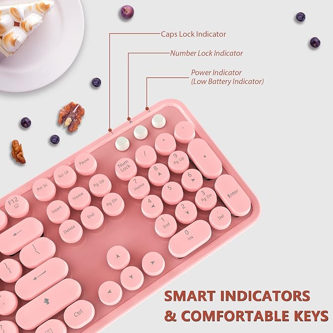 Kootop Wireless Keyboard, Cute Colorful 104 Keys Typewriter Retro Round Keycaps Keyboard for PC Laptop,Desktop,Windows, Home and Office Keyboards (Pink)