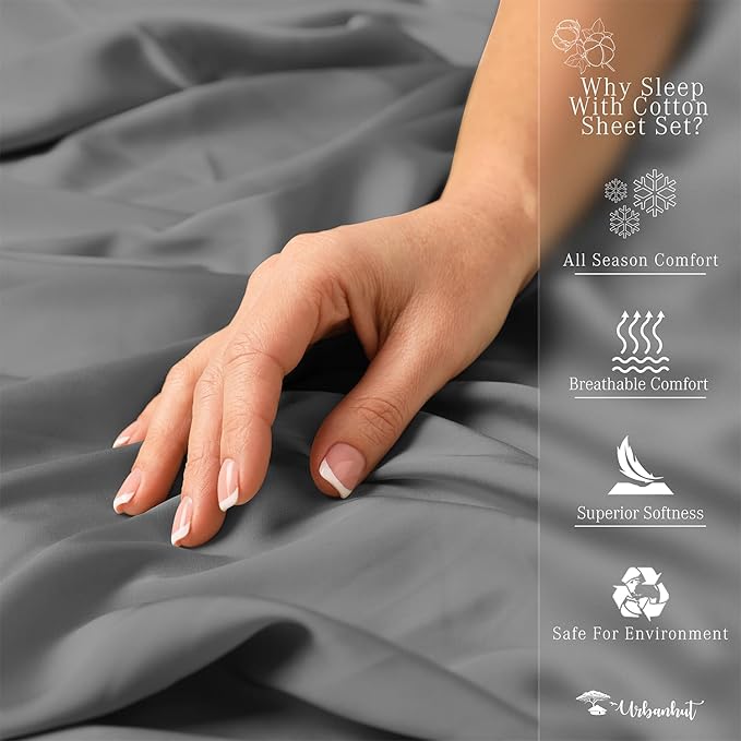 URBANHUT 800 Thread Count 100% Cotton King Size Sheets, Luxury 4 Piece King Bedsheets, Hotel Sheets Sateen Finish - Better Than Egyptian, 16" Elasticized Deep Pocket - Dark Grey
