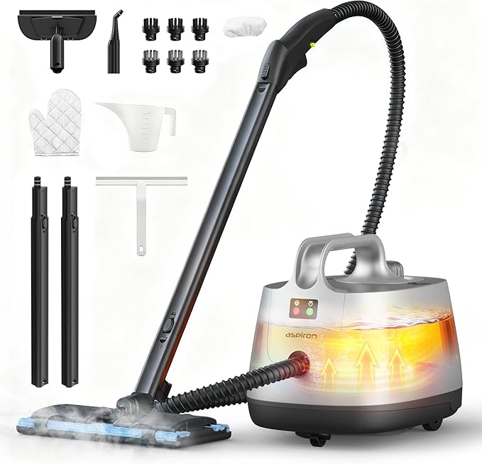 Aspiron Steam Cleaner, 293°F 58 PSI Powerful Multipurpose Handheld Steam Mop for Home Use, 21 Attachments, 50Oz Capacity, Heavy Duty Steamer for Carpets, Floors, Cars, Tiles, Crack Cleaning, Silver