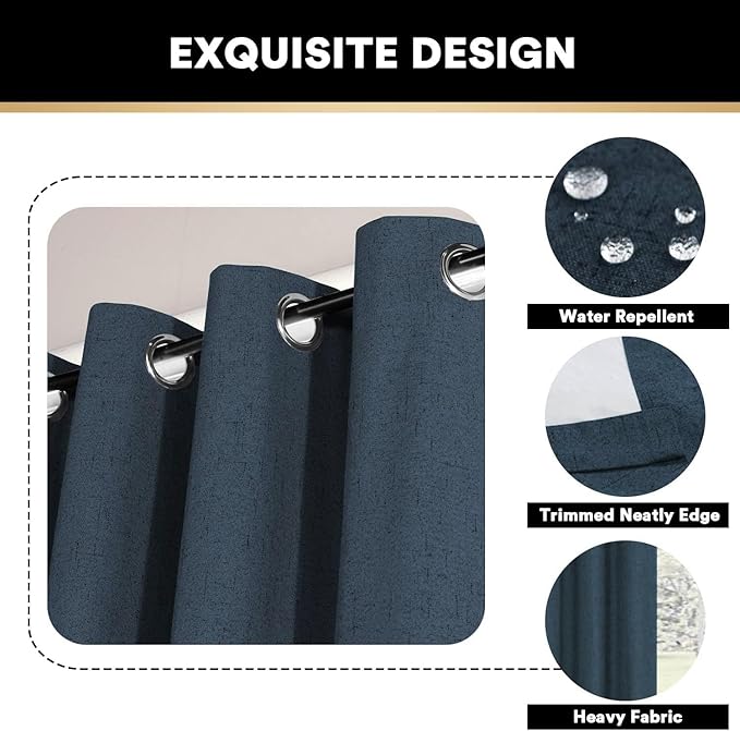 PrinceDeco Primitive Textured Linen 100% Blackout Curtains for Bedroom/Living Room Energy Saving Window Treatment Curtain Drapes, Burlap Fabric with White Thermal Insulated Liner Navy 52x84 Inch