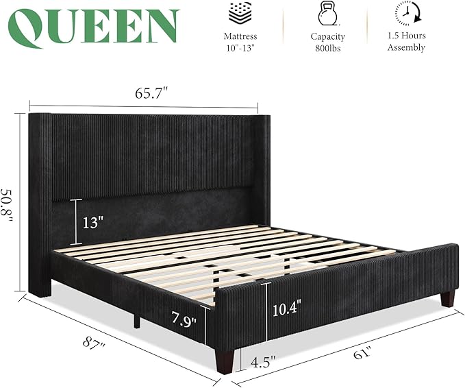 AMERLIFE Queen Size Upholstered Bed Frame with 50.8" Tall Headboard, Wingback Platform Bed with Solid Wood Legs, Wooden Slats, Corduroy/No Box Spring Needed/Noise Free/Black
