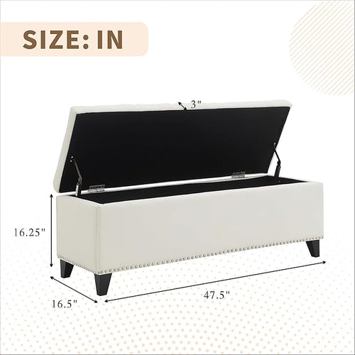 47.5“ Storage Ottoman Bench, Upholstered Button-Tufted End of Bed Bench with Soft-Close Hinge & Solid Wood Legs, Foot Rest for Living Room, Bedroom, Hallway (Linen, White)