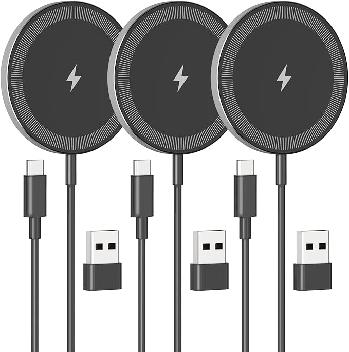 3Pack Magnetic Wireless Charging Pad: 15W Fast Qi Wireless Charger for iPhone 17 16e 16 15 14 13 12 Series & AirPods 4 3 2 Pro 3 - Strong Magnet Dual Ports Slim Portable for Travel Home Office