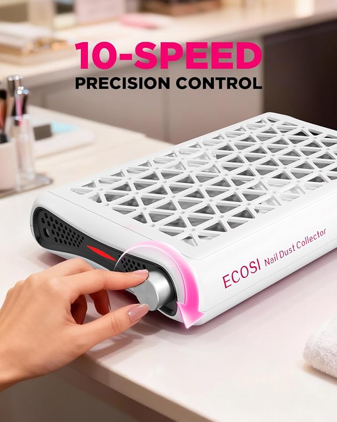 ECOSI Nail Dust Collector, Dual Turbo & 1600PA Professional Vacuum Fan Dust Extractor with 30 Pcs Filter Papers, 8000RPM Stepless Adjustable Suction for Manicure, Salon Nail Tech & Home (White)