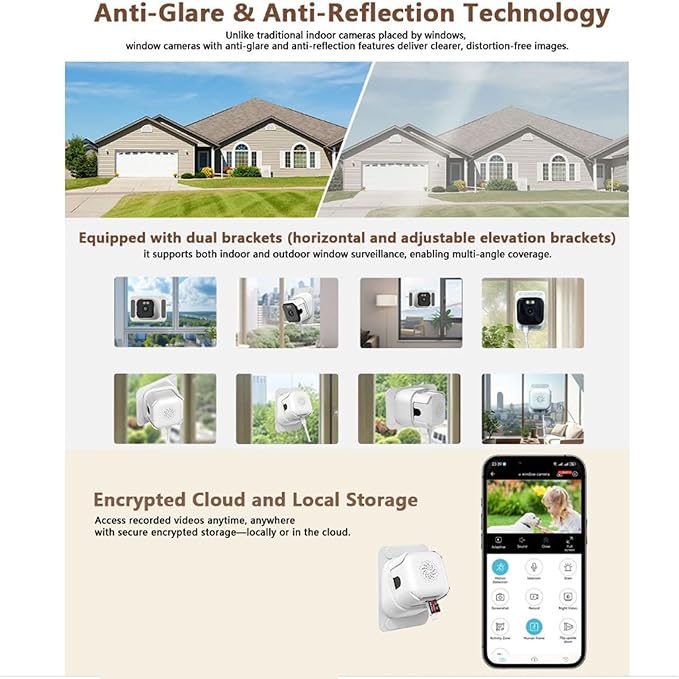 Serounder 2K 3MP Window Camera, Indoor Camera with Dual Band WiFi and Bluetooth, Color Night Vision, Motion Detection, Real Time Alerts, 2-Way Audio, Adhesive Installation