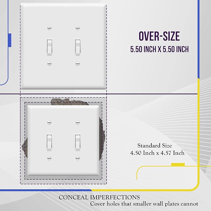 ENERLITES Jumbo Double Toggle Switch Cover, Large Two Gang Light Switch Wall Plate, Gloss Finish, Oversized 2-Gang 5.5" x 5.5", Unbreakable Polycarbonate Thermoplastic, UL Listed, 8812O-W, White