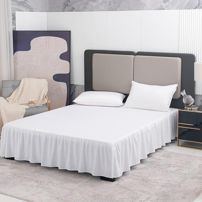 TSUTOMI Bed Skirt King Size Ruffled Bed Skirt with Split Corners, 18 Inch Drop Dust Ruffle Bed Skirts with Platform, Gathered Style, 100% Microfiber, White