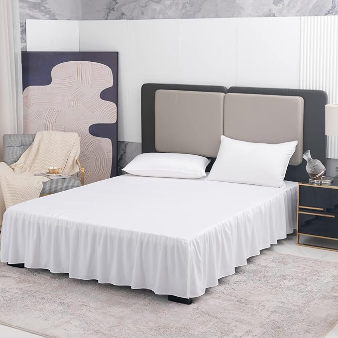 TSUTOMI Bed Skirt King Size Ruffled Bed Skirt with Split Corners, 16 Inch Drop Dust Ruffle Bed Skirts with Platform, Gathered Style, 100% Microfiber, White