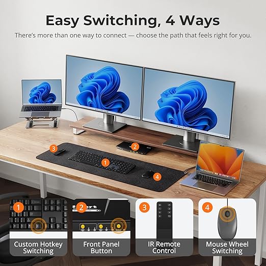 TESmart USB-C KVM Switch 2 Monitors 2 Laptops 4K@60Hz, USB 3.0 KVM Switch Dual Monitor MST, EDID Emulation, 60W PD, 1G Ethernet, 2K@144Hz, 1080P@240Hz, Hotkey Switch, with All Input Cables