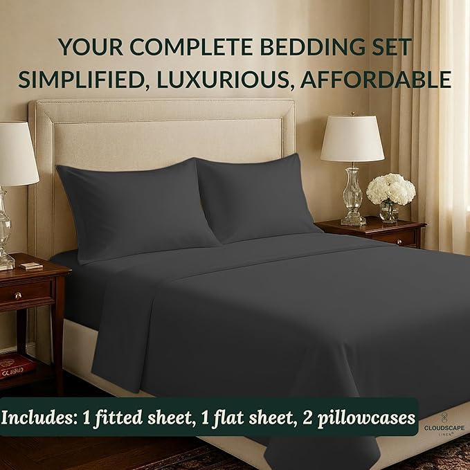 Cloud Scape Linen 100% Egyptian Cotton Sheets Full Size, 4 Pieces Luxury Bedding Set, 400 Thread Count,Hotel Quality, Silky Soft, Deep Pockets up to 17, Charcoal