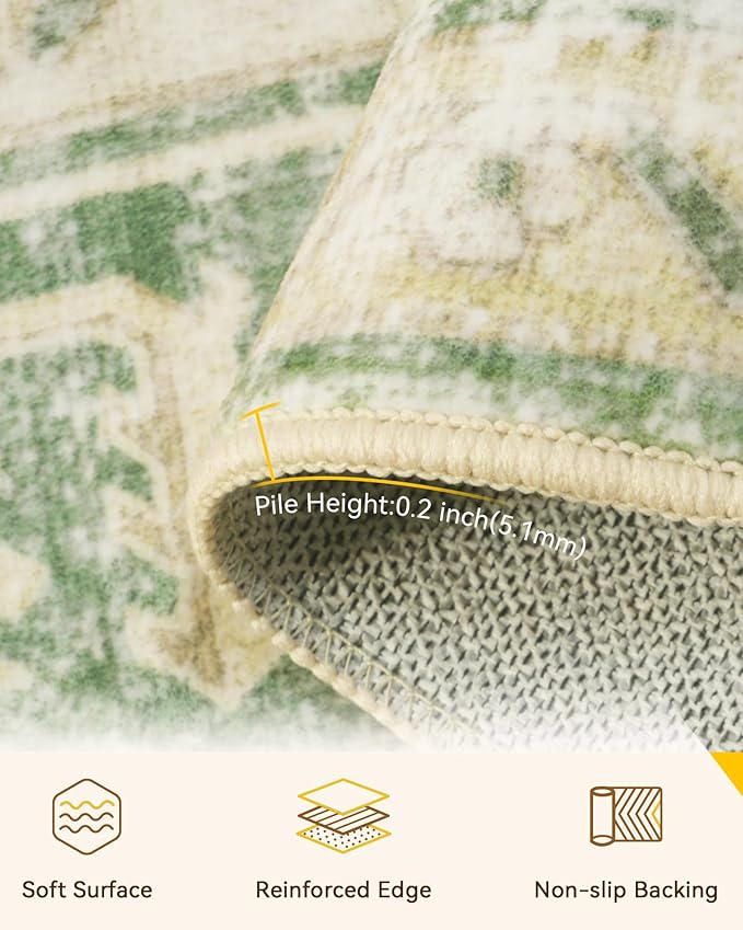 Area Rugs 8ft Washable Non-Slip, Floral Vintage Distress Print Pattern Medallion Carpet for Living Room Bedroom Dining Room, Sage Green Yellow