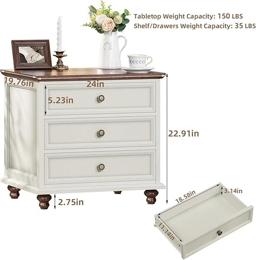 24" Wide Farmhouse Night Stand,Large End Table with 3 Drawers & Metal Handle,Wood Dresser for Bedroom, White Bed Side Table Chest of Drawers Cabinet,Nightstand for Living Room,Closet