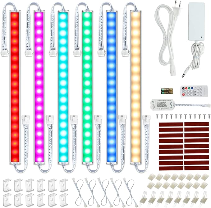 Litever Under Cabinet LED Lighting Kit. RGB Color & Bright Warm White Light. Slim Linkable LED Light Bars with Power Adapter, Controller, Extension Cords. Max 24W. Dimmable. Plug in. RGB + 3000K.