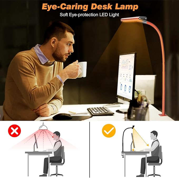 Airlonv LED Desk Lamp for Office Home, Eye-Caring Desk Light with Stepless Dimming Adjustable Flexible Gooseneck, 10W USB Adapter Desk Lamp with Clamp for Reading, Study, Workbench (Orange)