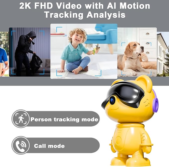 dzcctvipc-Cute Bear-2K Smart-Robot Security-Camera Wireless - Nanny & Pet Motion Monitor with Mobile App,Baby Cry Detection Alarm,5G Dual-Band,Pan-Tilt,Full HD Night Vision,24/7 Recording,2-Way Audio