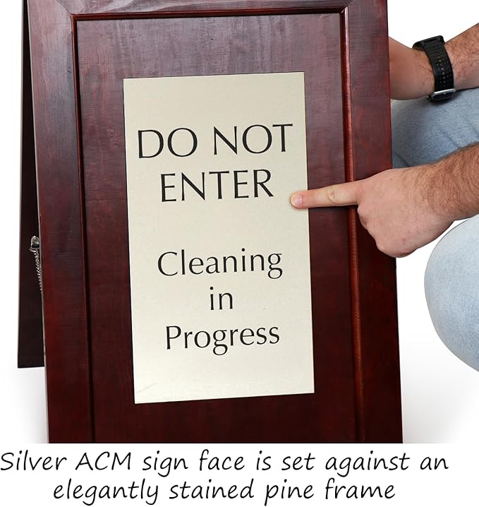 SmartSign (2-Pack) Premium 'Do Not Enter Cleaning in Progress' Wooden A-Frame Standing Floor Sign, 2-Sided, 24" x 15", Hardwood Pine Frame, 120 mil Silver ACM Sign, Black on Silver, Made in USA