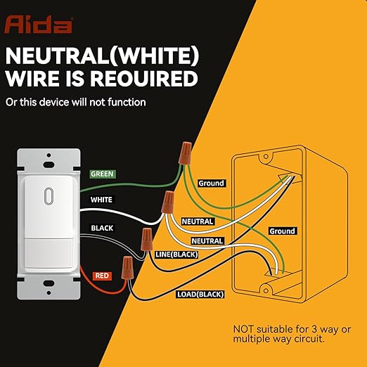AIDA Single Pole Motion Sensor Light Switch w/Neutral Wire - 120° PIR Infrared Activation - CFL/LED/MLV/INC/HAL/Fan Compatible - UL Certified - 1 Pack,Matte White