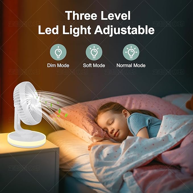 MAWFOZIN Small Desk Fan With Night Light, Auto Oscillating Table Fan With 3000mAh Rechargeable Battery, USB Personal Fan With 4 Speeds Wind, Adjustable Fan For Home, Office Bedroom, Camping (white)