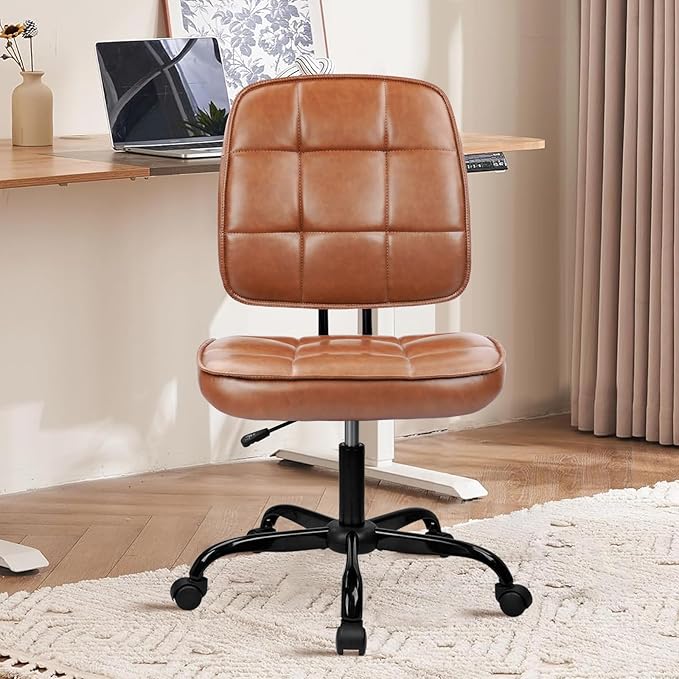 CLATINA Armless Home Office Chair with Lumbar Support and Wheels, Small PU Leather Ergonomic Low Back Desk Chairs No Arms, Adjustable Height 360° Swivel Rolling Computer Task Chair, Brown, 2 Pack