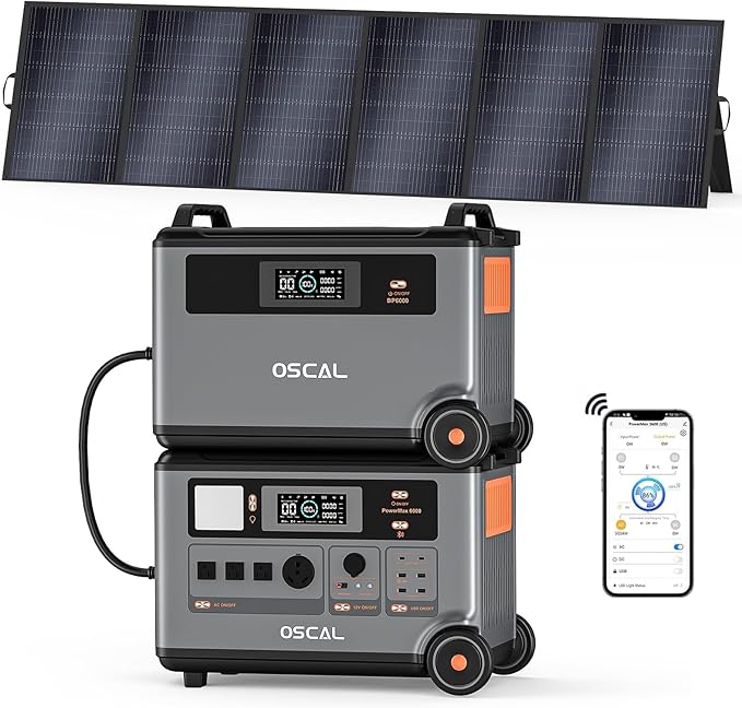 OSCAL 6000 Portable Power Station with 500W Solar Panels, 3600Wh LiFePO4 Battery with 3600Wh Expansion Battery Pack, 6000W(9000W Peak) Solar Generator for Camping, Home, Emergency