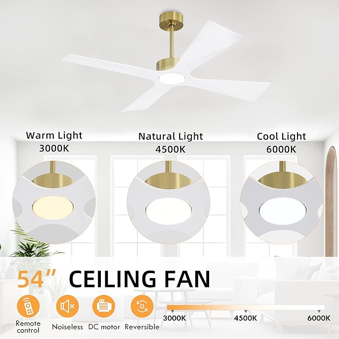 WINGBO 54" Wet Rated Outdoor Ceiling Fan with Lights, 4 ABS Plastic Blades, Reversible DC Motor, 6-Speed Remote Control, 3 CCT, Waterproof Ceiling Fan for Patio Porch Gazebo Garage, Brass and White