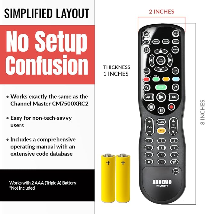 ANDERIC RRCM7500 for Channel Master DVR Remote Control CM7500XRC2 Replacement Remote for Channel Master - Works 100% - Works CM7500XRC2, CM7500GB16, CM7001, CM7004, CM7500TB1
