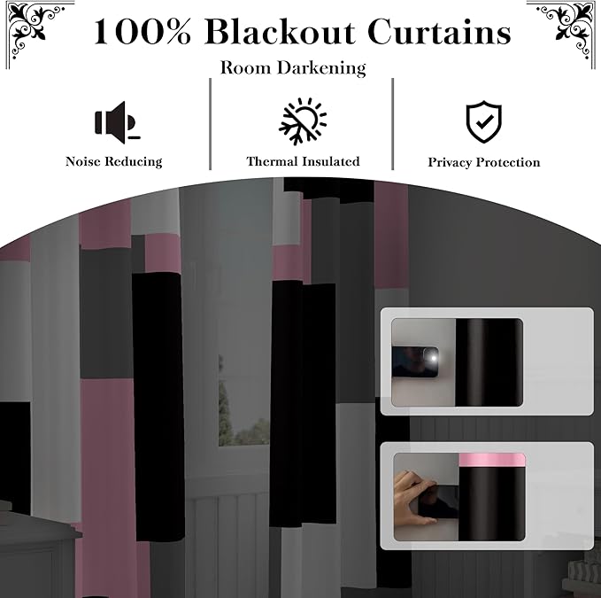Pink 100% Blackout Curtains for Bedroom 63 inch Length 2 Panels Set White Grey Modern Abstract Geometric Black Out Curtains Insulated Room Darkening Window Drapes for Girls Living Room, 52Wx63L