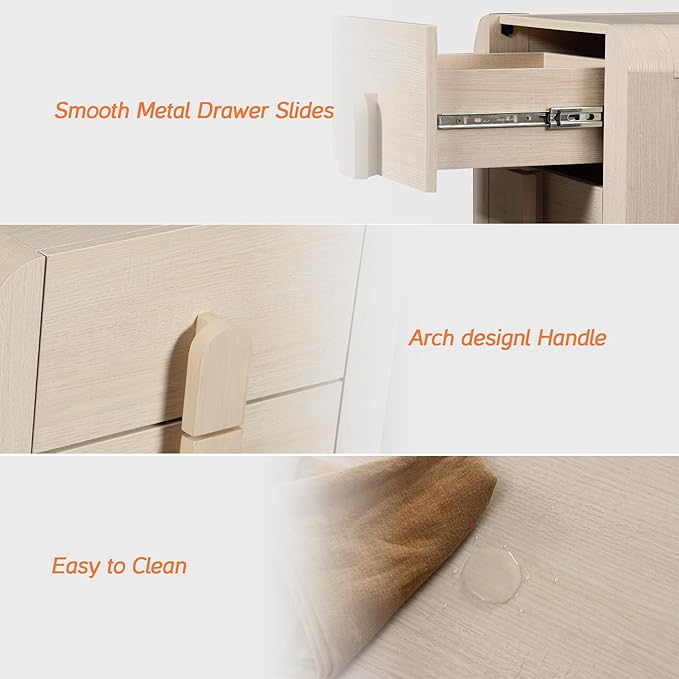 WAMPAT 23.7" Tall Modern Nightstands Set of 2, Wood Nightstand with Charging Station, Bedside Table w/2 Storage Drawers, Curved Profile Design, Sofa Side Table Accent Table for Bedroom, Beige