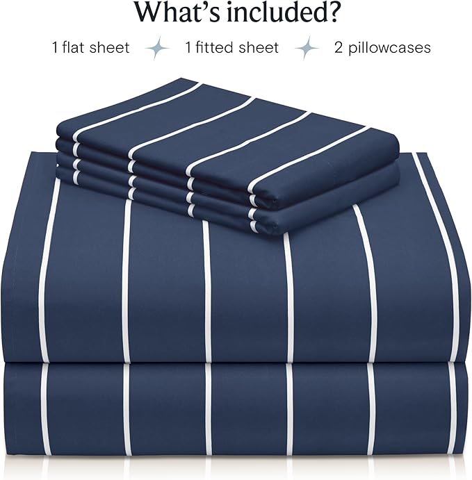 LuxClub 4 PC Full Sheet Set, Deep Pockets Wrinkle Free Cooling Bed Sheets Hotel Bedding for Women, Men, Includes 1 Fitted Sheet, 1 Flat Sheet and 2 Pillowcases-Striped - Navy