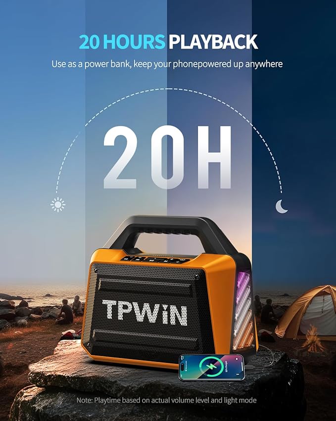 TPWIN Bluetooth Speaker - 80W Loud, Rugged Outdoor Speakers, IPX6 Waterproof, 20H Playtime, Deep Bass, Lightshow, TWS, BT 5.3 Wireless, Portable for Travel Hiking Camping Beach Pool - Orange