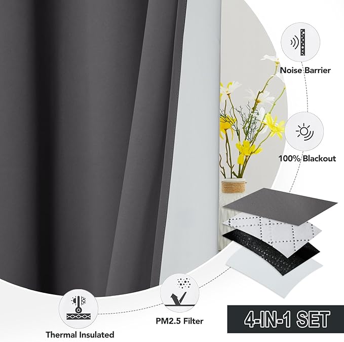 RYB HOME Soundproof & Dust Particle Filtering Curtains Blackout Window Treatment for Bedroom Living Room Divider Nursery Daytime Sleeping Patio Door, Grey, W52 x L 102 inch, 2 Panels