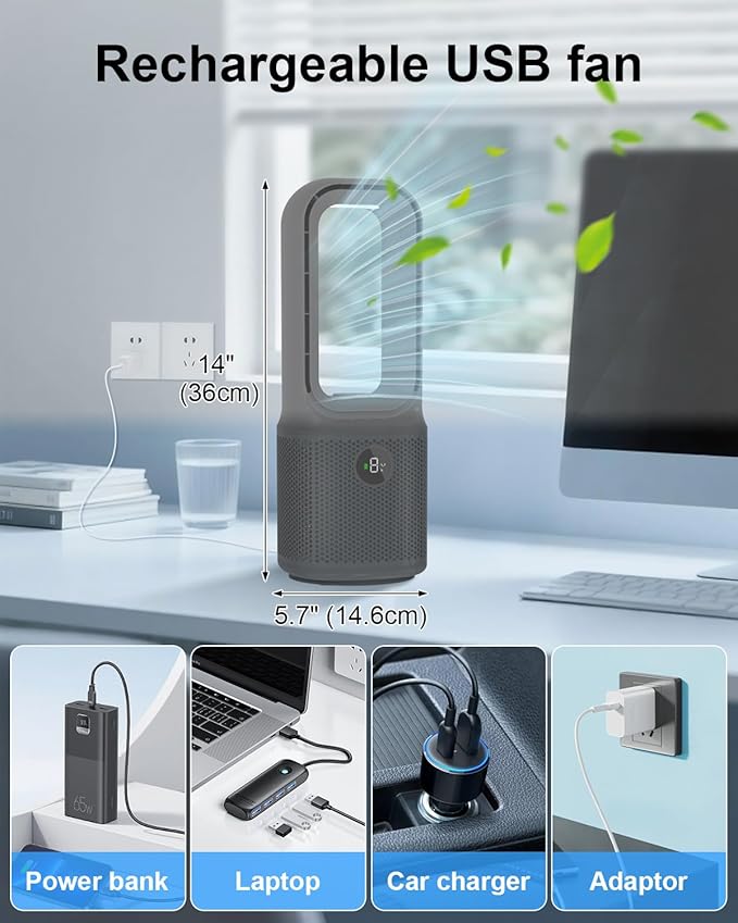 MEIIS Desk Fan Bladeless, 14 Inch USB Rechargeable Tower Fan with 9 Speed Adjustable, 3 Light, 60° Oscillating, 9H Timer, 5000mAh Battery Cooling Small Table Fan for Bedroom, Office, Nightstand, Grey