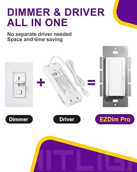 HitLights LED Driver and Dimmer Switch in One 60W, 120V AC to 12V DC, Compatible with Most Solid Color 12V Strip Tape Lights, UL Listed, Single-Pole/3-Way, EZDim Pro, White